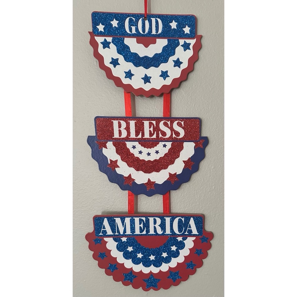 Red, White And Blue Glitter God Bless America Hanging Wooden Wall Decor
